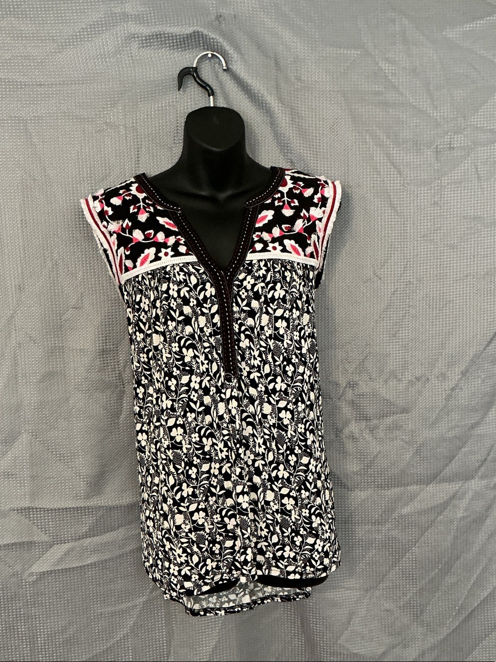 Black and White Floral Midi Dress with Pink Trim